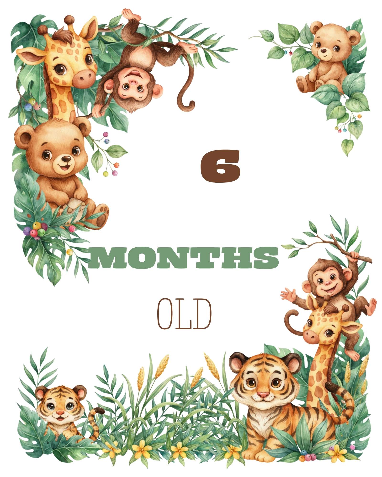 Editable Jungle Safari Birthday Milestone Board Template | Watercolor Safari Animals First Birthday Sign | 8x10, 11x14, 16x20 Bundle