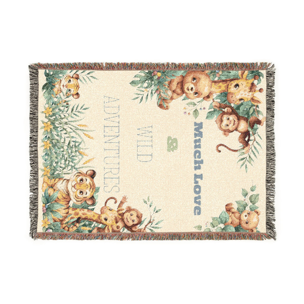 Jungle Themed Woven Cotton Throw Blanket — "Wild Adventures" Nursery Decor