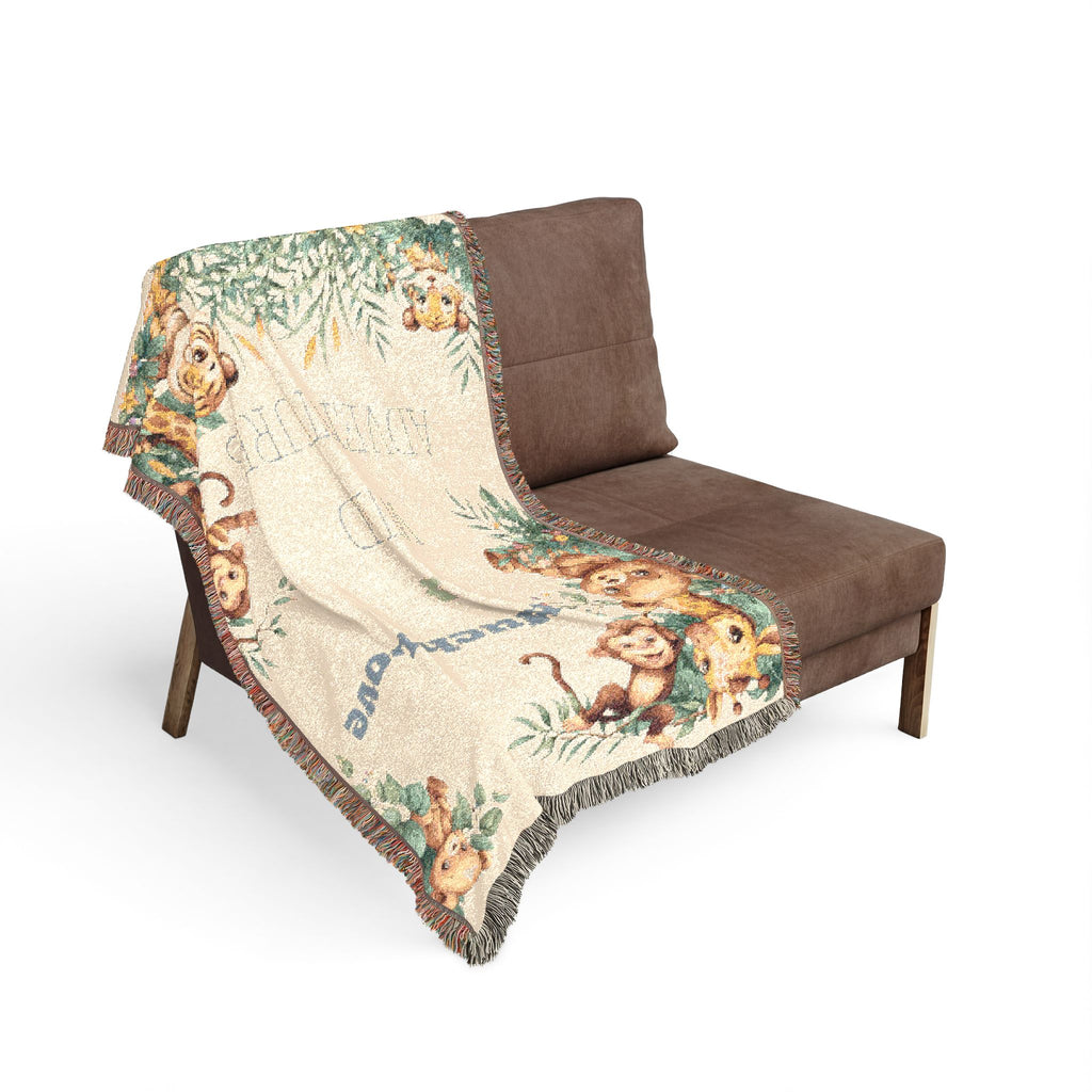 Jungle Themed Woven Cotton Throw Blanket — "Wild Adventures" Nursery Decor