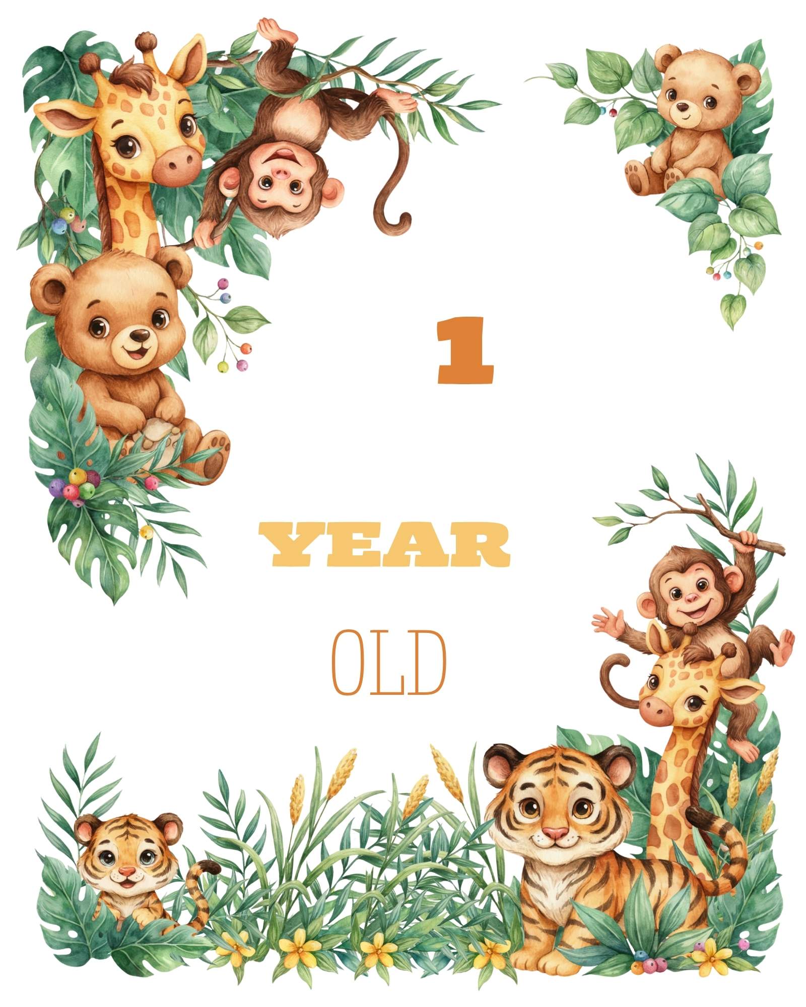 Editable Jungle Safari Birthday Milestone Board Template | Watercolor Safari Animals First Birthday Sign | 8x10, 11x14, 16x20 Bundle
