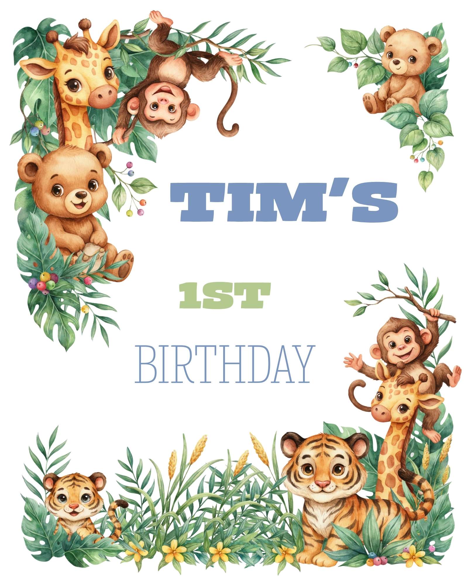 Editable Jungle Safari Birthday Milestone Board Template | Watercolor Safari Animals First Birthday Sign | 8x10, 11x14, 16x20 Bundle