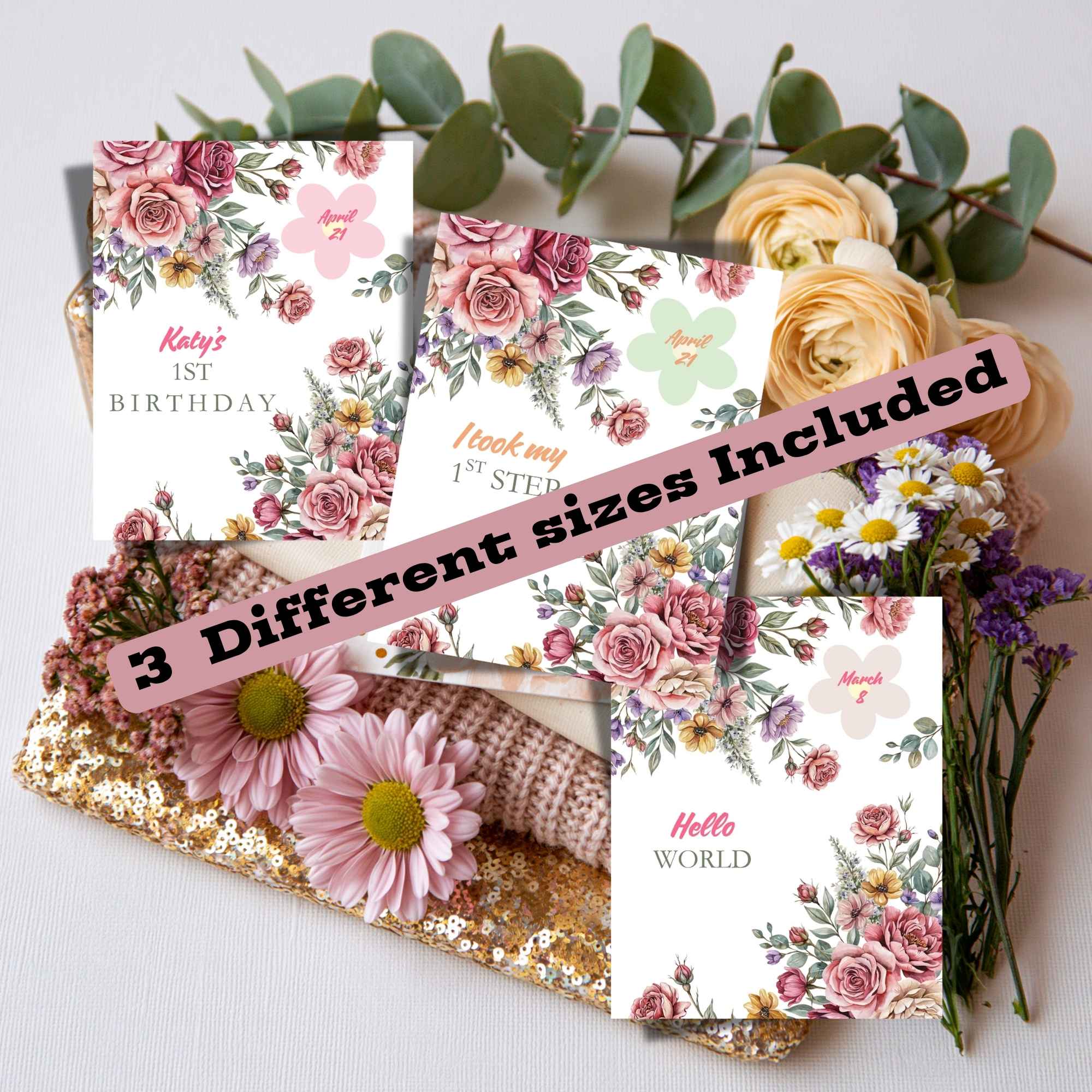 Editable Floral Baby Milestone Template Bundle | Watercolor Flower First Birthday Sign, Birth Announcement, First Steps Photo Prop | 8x10, 11x14, 16x20 Canva Template
