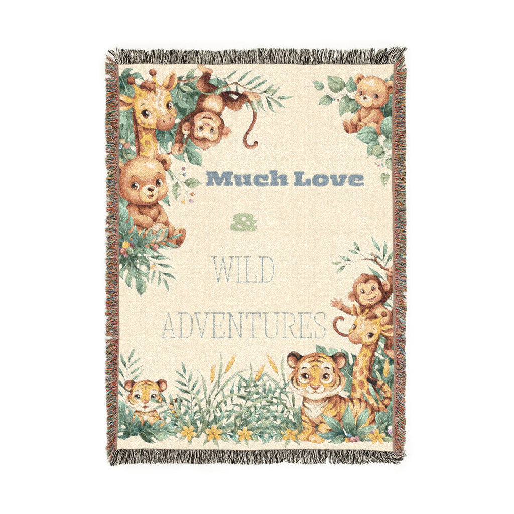 Jungle Themed Woven Cotton Throw Blanket — "Wild Adventures" Nursery Decor