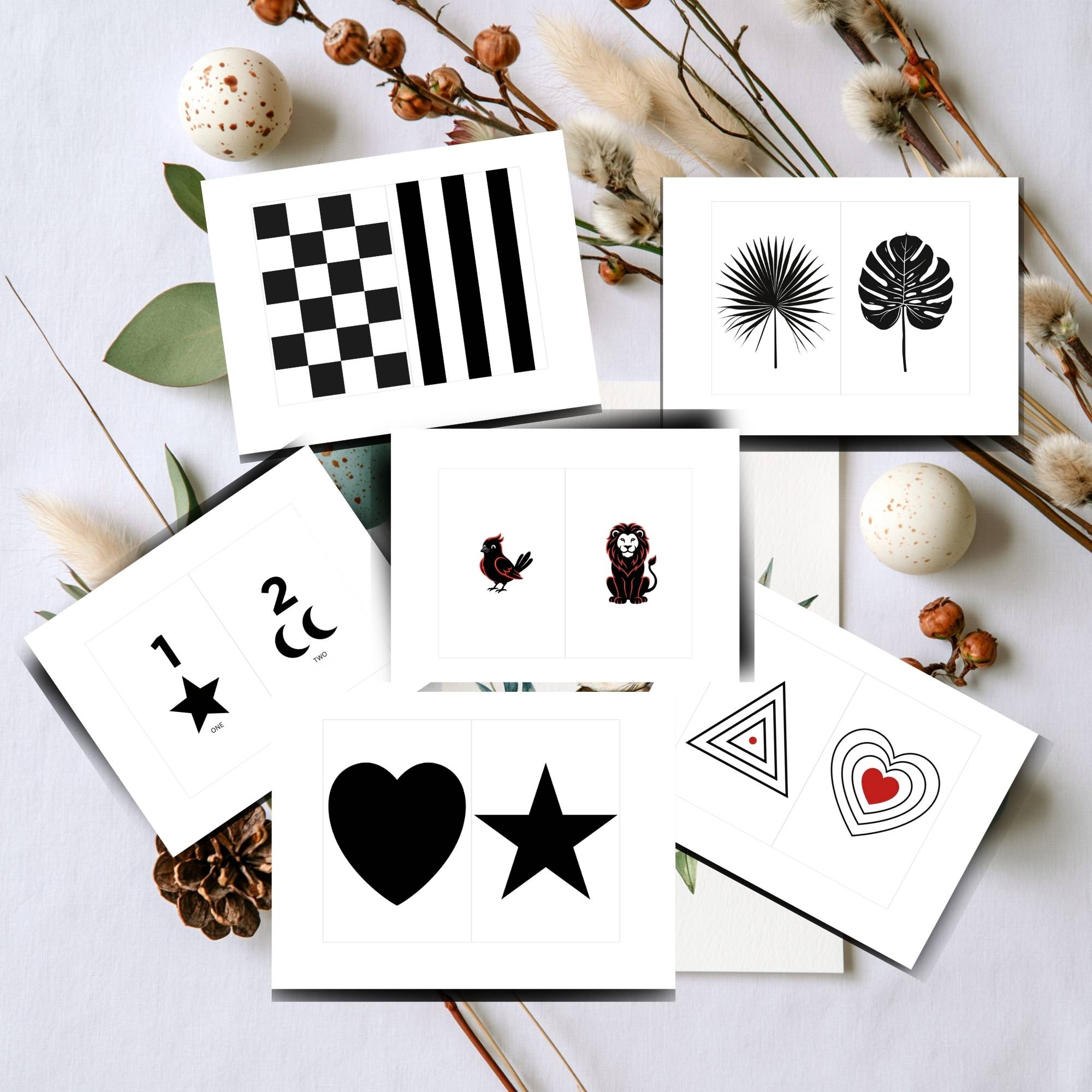 Print Ready - Digital Download | 60 printable High-Contrast Baby Flashcards | Newborn Sensory Visual Stimulation Cards | Black, White & Red