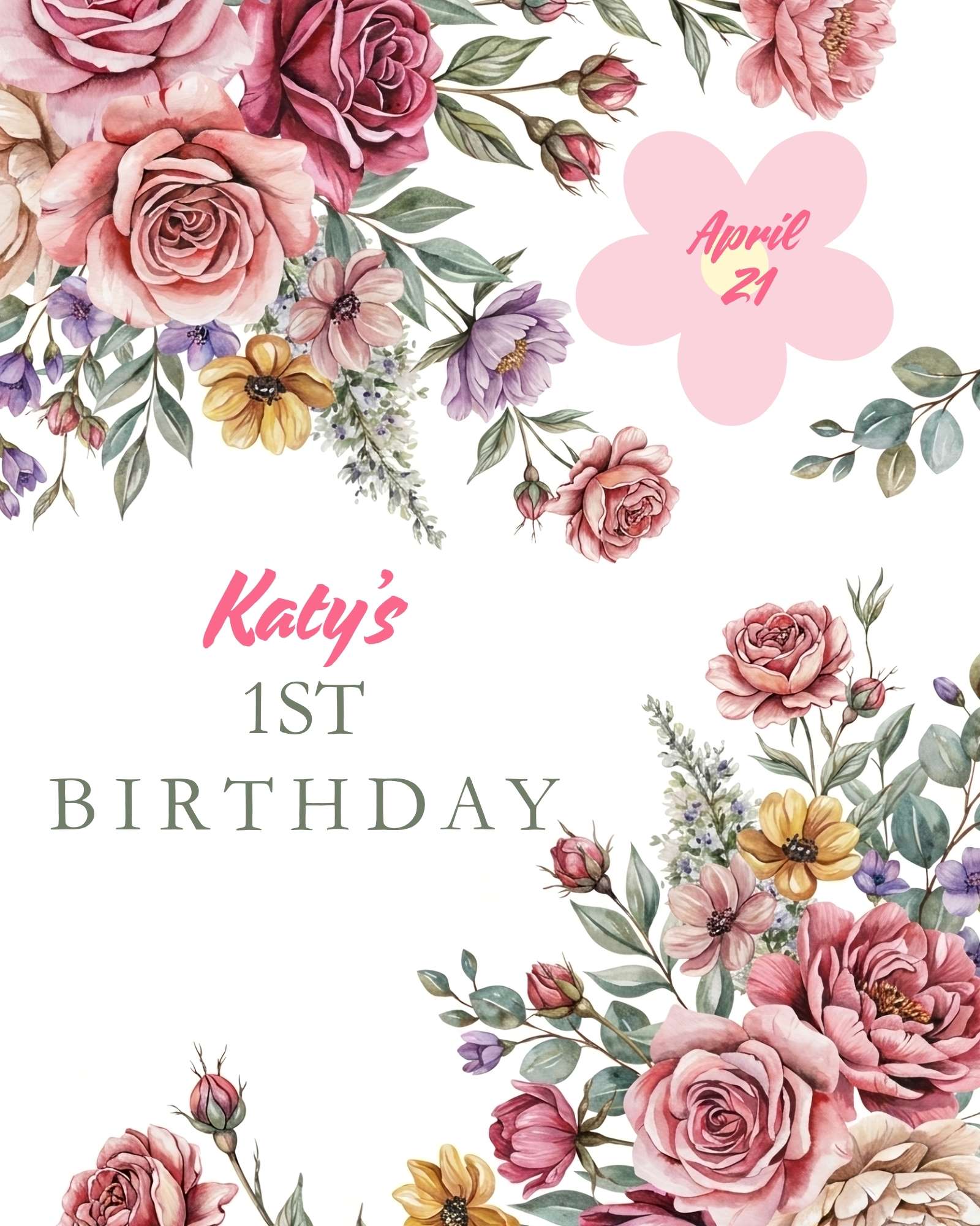 Editable Floral Baby Milestone Template Bundle | Watercolor Flower First Birthday Sign, Birth Announcement, First Steps Photo Prop | 8x10, 11x14, 16x20 Canva Template