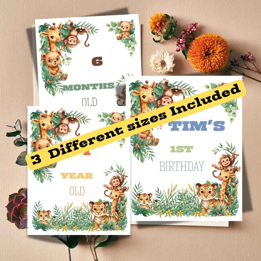 Editable Jungle Safari Birthday Milestone Board Template | Watercolor Safari Animals First Birthday Sign | 8x10, 11x14, 16x20 Bundle