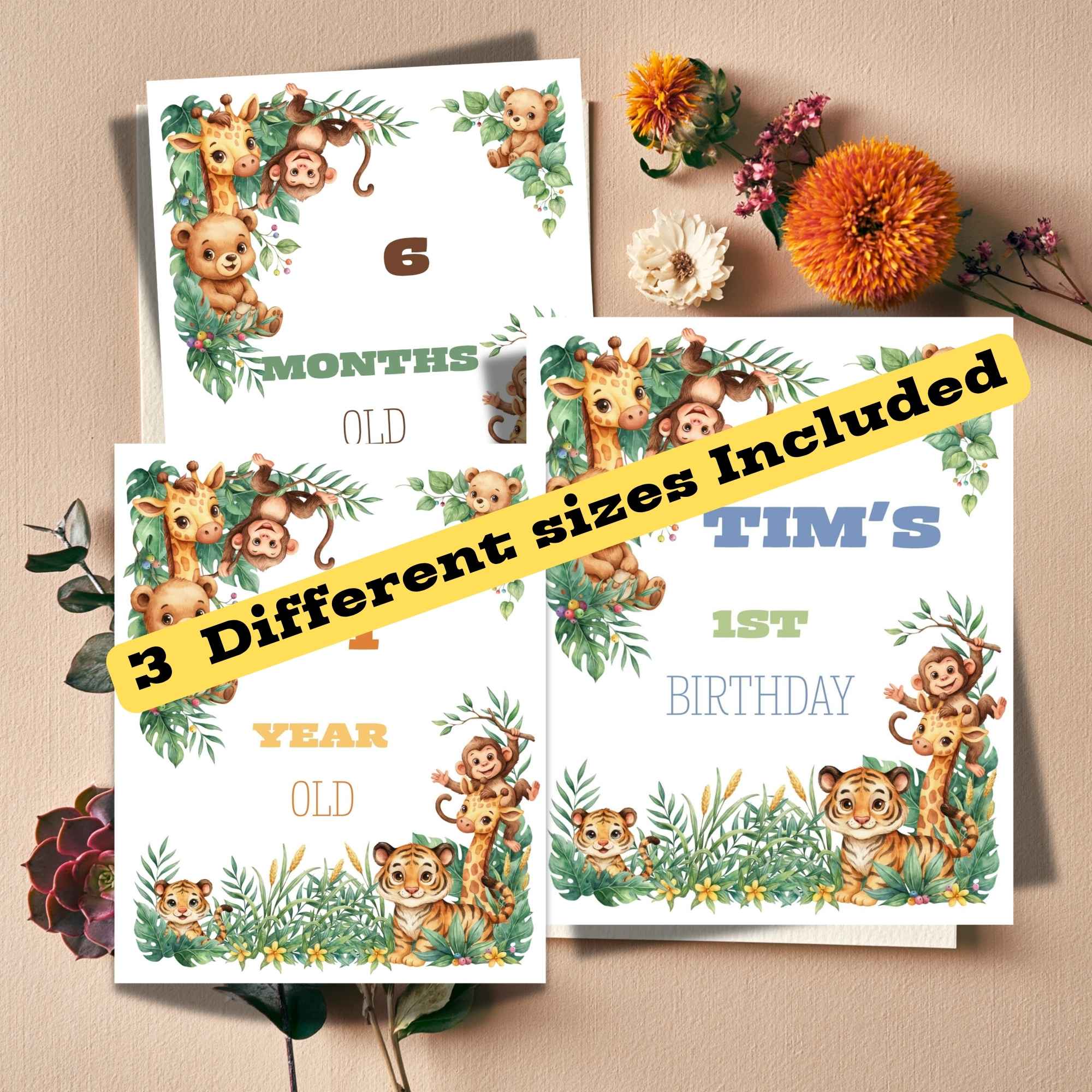 Editable Jungle Safari Birthday Milestone Board Template | Watercolor Safari Animals First Birthday Sign | 8x10, 11x14, 16x20 Bundle