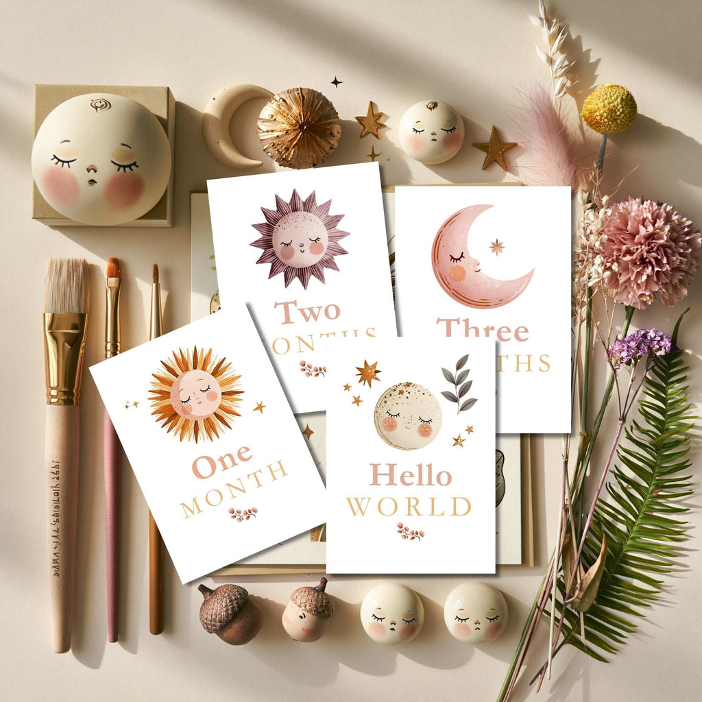 Print Ready - Digital Download | Celestial Baby Milestone Cards – Set of 20 | Scandinavian Minimalist Nursery Design