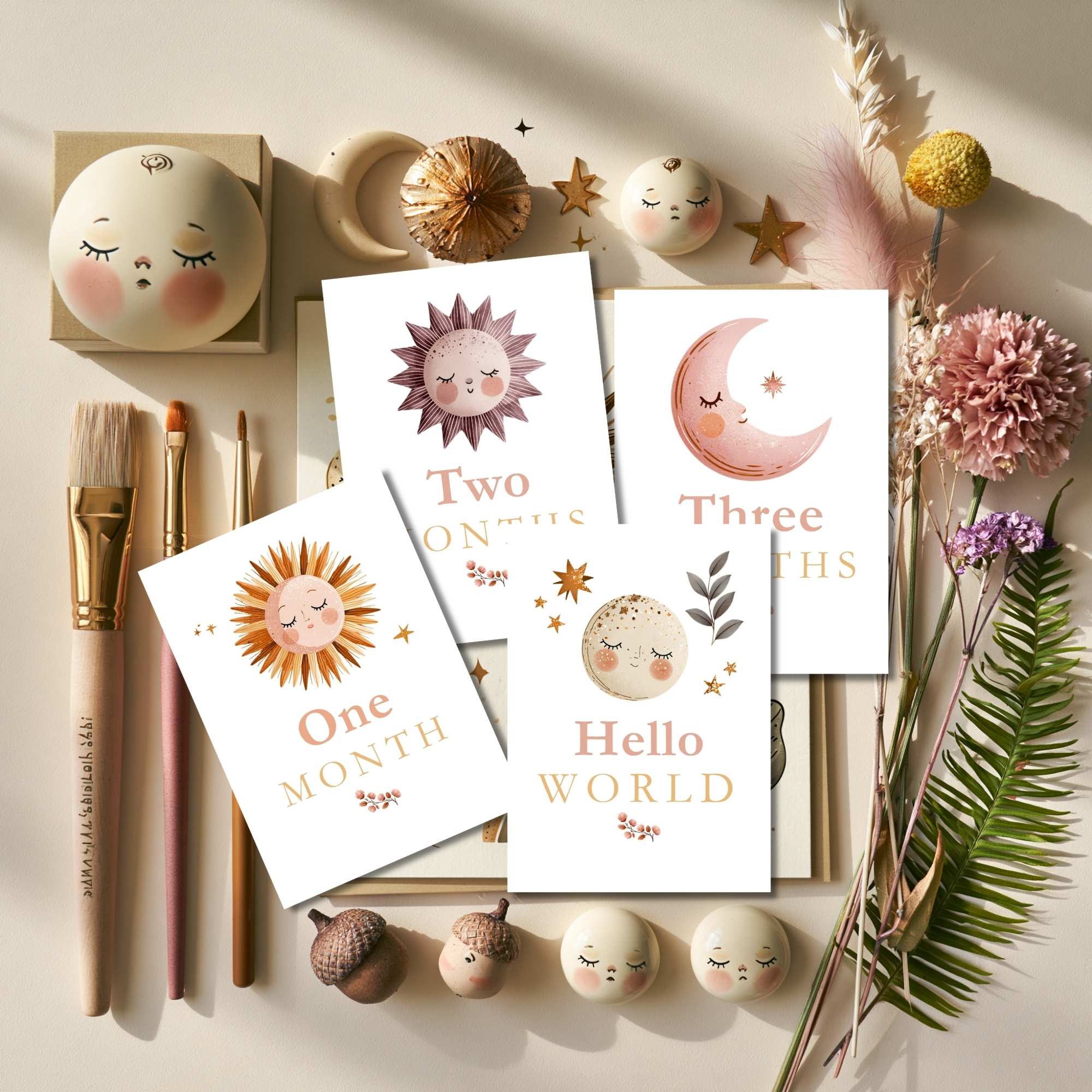 Print Ready - Digital Download | Celestial Baby Milestone Cards – Set of 20 | Scandinavian Minimalist Nursery Design