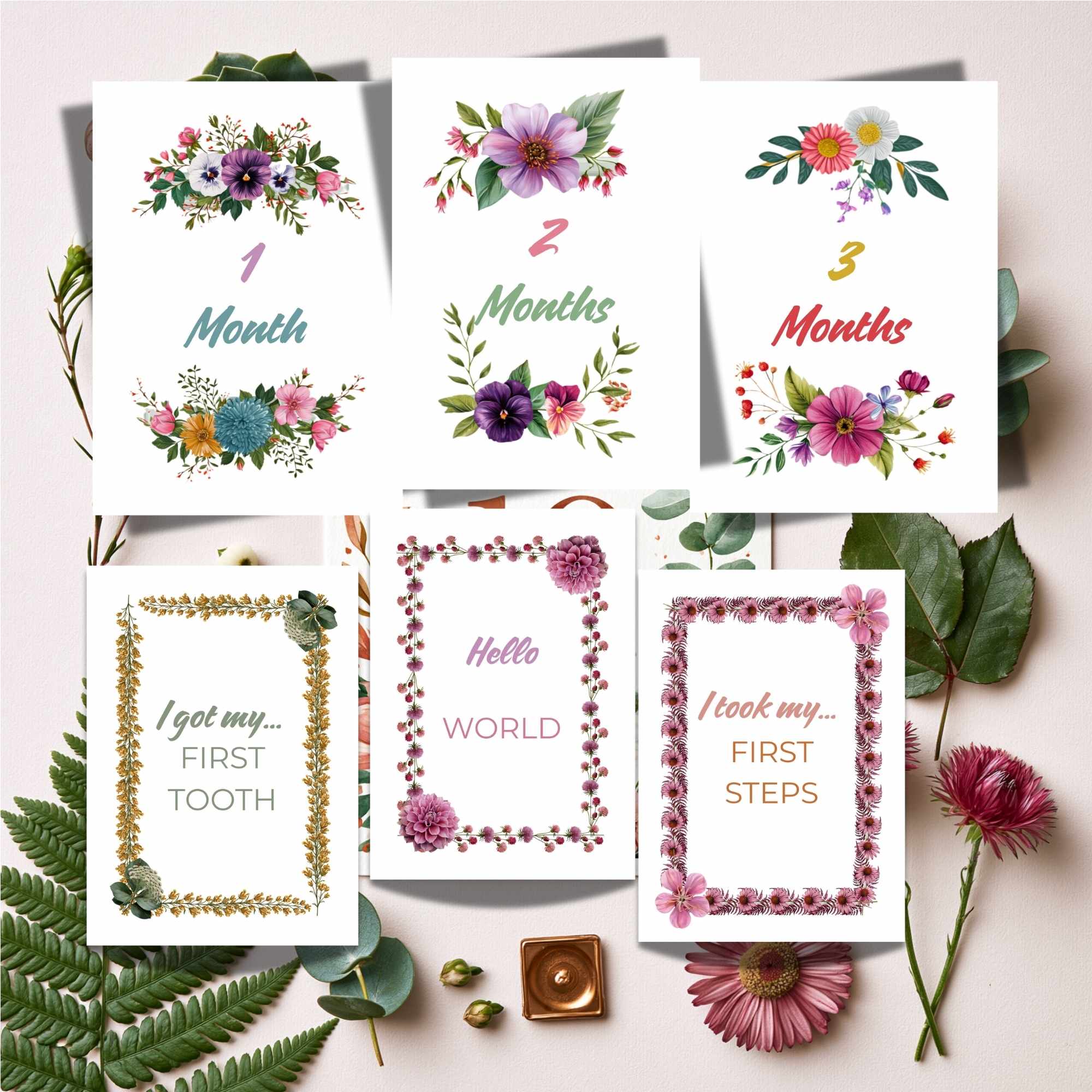 Print Ready - Digital Download | Elegant Botanical Floral Baby Milestone 5x7 Cards (20- Card Digital Printable Set)